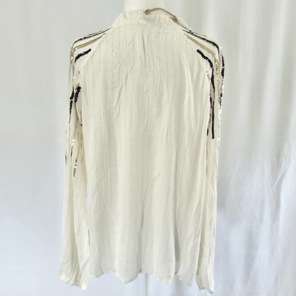 New Free The Roses Sequin Striped Tassel Tie Peasant Top Ivory Black Gold Medium - Picture 9 of 16